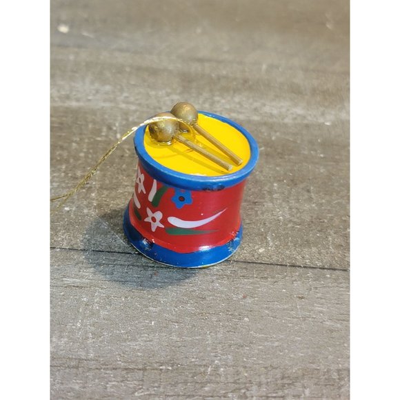 Wooden red blue drum flower Xmas ornament decor - Picture 3 of 5